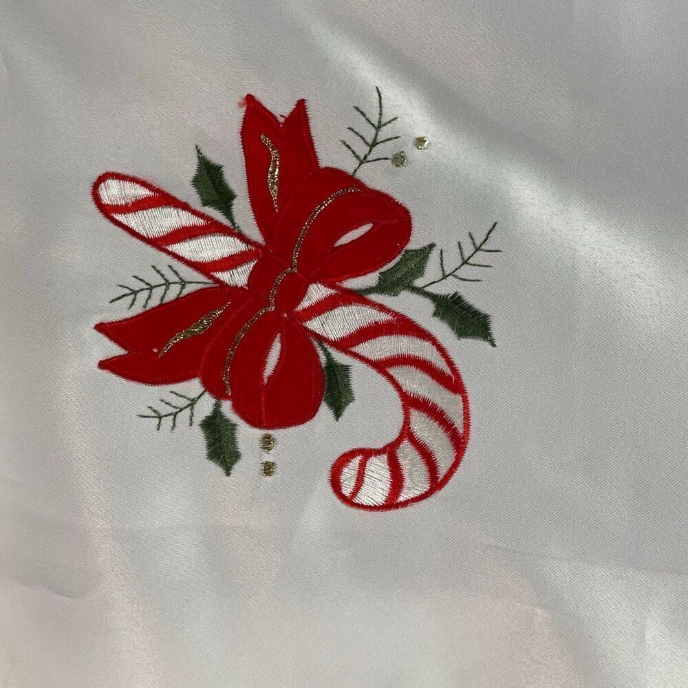 Vintage Christmas Satin Like Tablecover Candy Canes Bows Holly Home Decor 34x34 - Picture 3 of 8